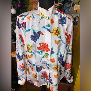 Vintage women’s size 10, bright 1970s polyester floral, long sleeve blouse, rare